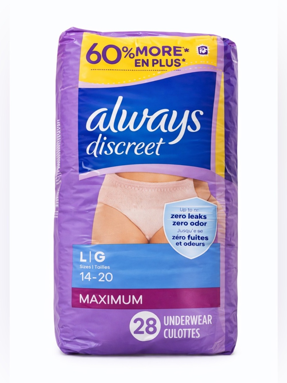 NEW Always Discreet Maximum Absorbency Underwear
Size L/G 14–20 • 28 Count